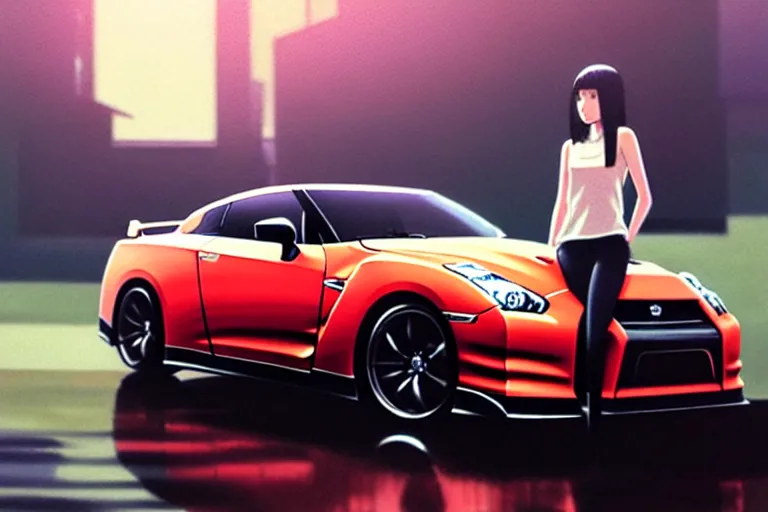 Image similar to A ultradetailed beautiful panting of a stylish girl standing in front of a Nissan GTR, Oil painting, by Ilya Kuvshinov, Greg Rutkowski and Makoto Shinkai