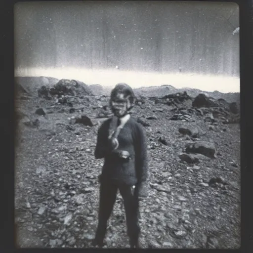 Image similar to really old polaroid photograph of horrorific extraterrestrial beings visiting earth,