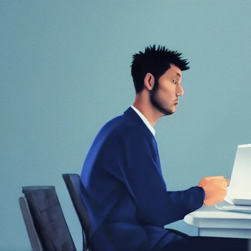 Image similar to surreal digital art of sad man in sitting in depressing corporate cubicle Cinematic, side view, dull blue lighting, trending on artstation
