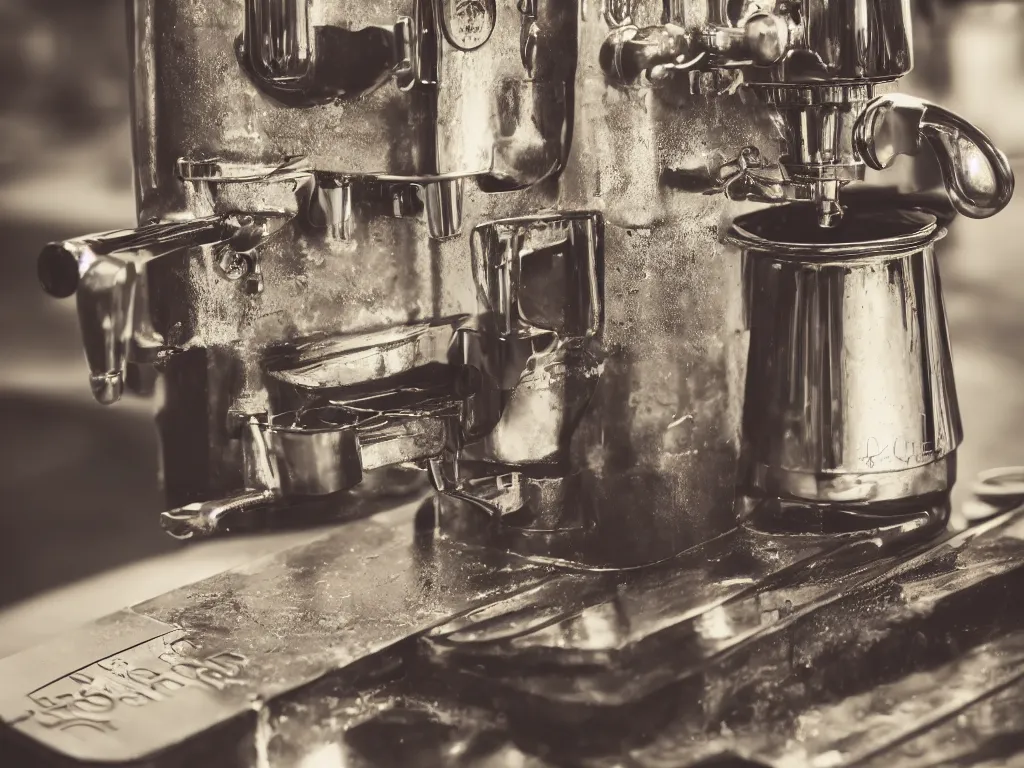 Prompt: photography of a historic coffee machine, by louis daquerre, product photography, small depth of field, fresh colors, trending on artstation