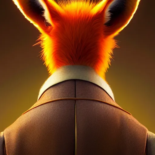 Image similar to weta disney pixar movie still macro close photo of anthropomorphic vulpes vulpes fulva wearing a suit : : by weta, greg rutkowski, wlop, ilya kuvshinov, rossdraws, artgerm, octane render, iridescent, bright morning, anime, liosh, mucha : :