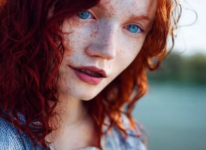 Image similar to close up portrait photograph of a thin young redhead woman with russian descent, sunbathed skin, with deep blue eyes. Wavy long maroon colored hair. she looks directly at the camera. Slightly open mouth, face takes up half of the photo. a park visible in the background. 55mm nikon. Intricate. Very detailed 8k texture. Sharp. Cinematic post-processing. Award winning portrait photography. Sharp eyes.