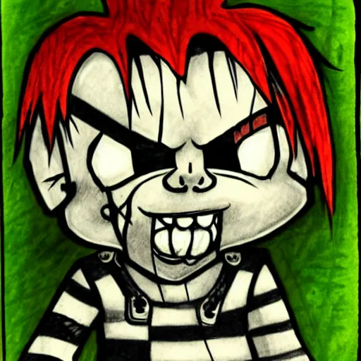 Prompt: grunge drawing of chucky by - minecraft , loony toons style, horror themed, detailed, elegant, intricate