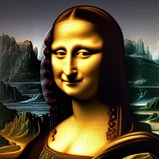 Prompt: a 3 d render of the mona lisa constructed entirely from legos ; digital concept art in the style of caspar david friedrich pino daeni moebius