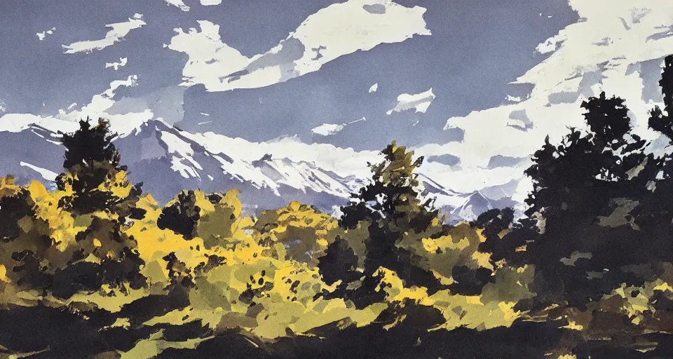 Image similar to a beautiful landscape with trees and mountains, by ashley wood