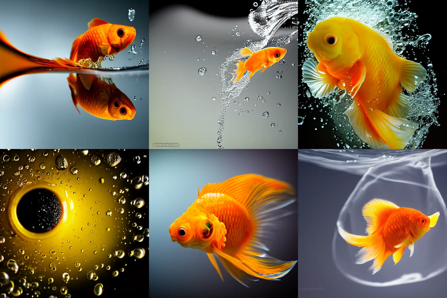 Prompt: extreme macro photography : ( subject = goldfish swimming inside of water droplet ) zeiss macro lens f / 1 1 aperture, 1 / 5 0 0 shutter speed, off camera flash