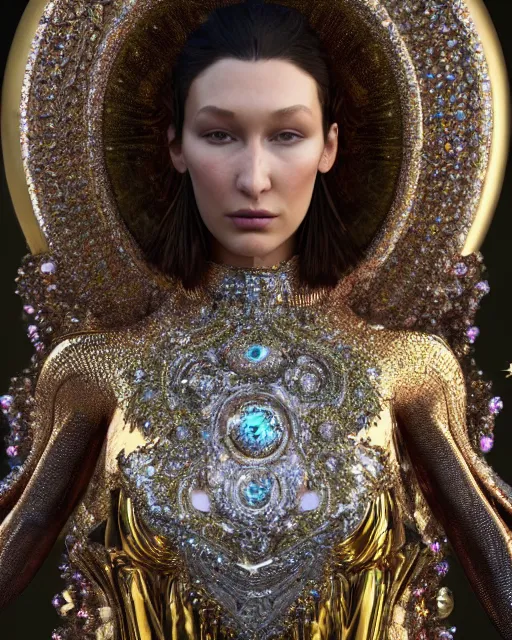 Image similar to a highly detailed metahuman 8 k close up render of bella hadid renaissance in iris van herpen dress schiaparelli in diamonds crystals swarovski and jewelry iridescent in style of alphonse mucha gustav klimt trending on artstation made in unreal engine 4