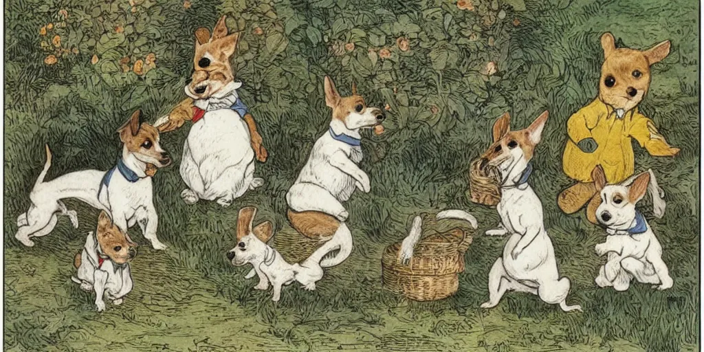 Image similar to jack russel dog, sprite sheet illustrated by peggy fortnum and beatrix potter and sir john tenniel