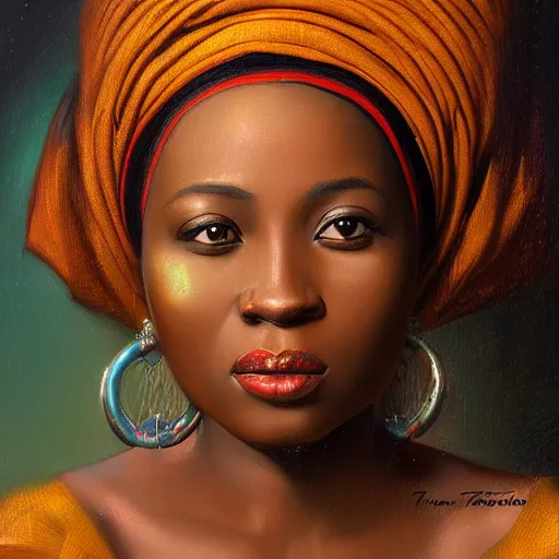 Image similar to portrait of an nigerian woman ( 3 5 ) from nigeria in 2 0 2 1, an oil painting by ross tran and thomas kincade