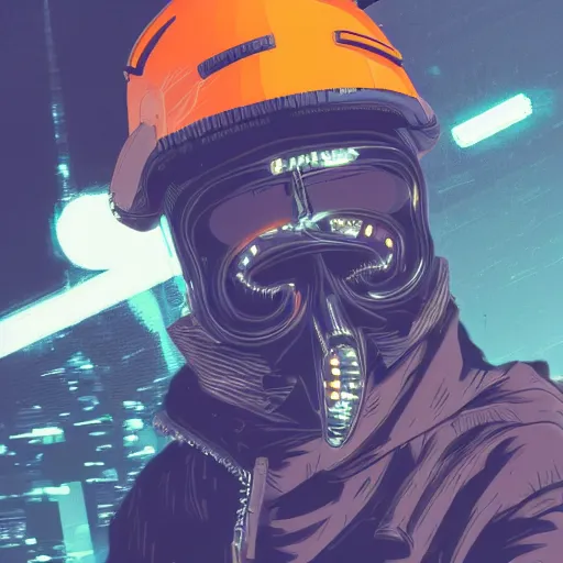 Image similar to in the style of deathburger and laurie greasley a close up of a young explorer wearing a cyberpunk headpiece with an orange visor, highly detailed, 8k wallpaper