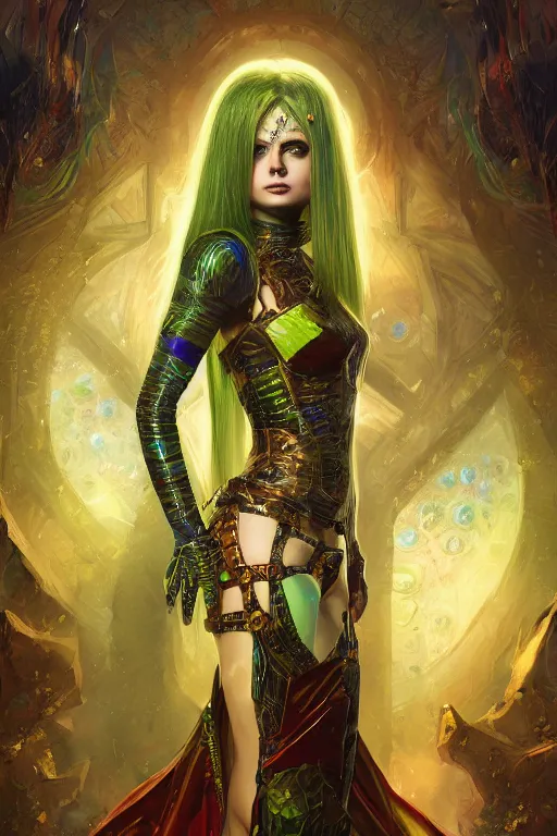 Prompt: masterpiece digital painting of avril queen reptilian, cosplay, gold obsidian armor, chaotic ruby inlays, large cape, background, by kev walker and greg rutkowski and mucha, green sparkles, artstation, deviantart, cinematic lights