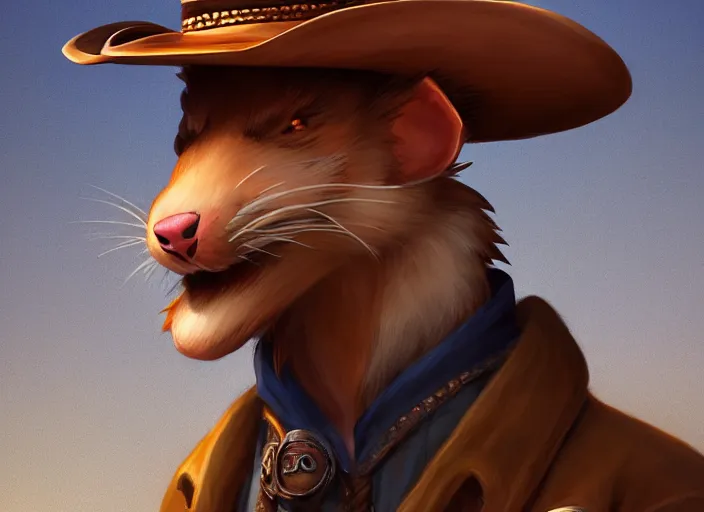 Prompt: character portrait feature of the anthro male anthropomorphic rat fursona wearing cowboy outfit wild west desperado character design stylized by charlie bowater, ross tran, artgerm, makoto shinkai, detailed, soft lighting, rendered in octane