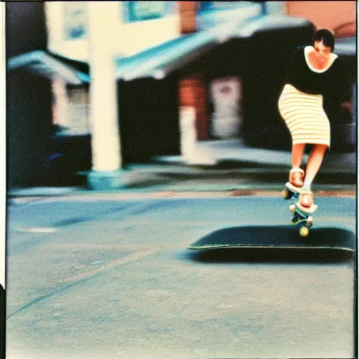 Image similar to Anna Akhmatova skateboarding, 90s polaroid, by Saul Leiter, Jamel Shabazz, Nan Goldin