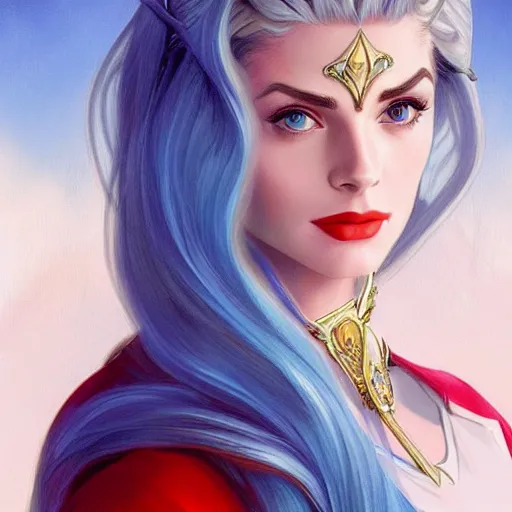 Image similar to A combination of Grace Kelly's and Katherine McNamara's and Ashley Greene's faces with blue hair as She-Ra, western, D&D, fantasy, intricate, elegant, highly detailed, digital painting, artstation, concept art, matte, sharp focus, illustration, art by Artgerm and Greg Rutkowski and Alphonse Mucha