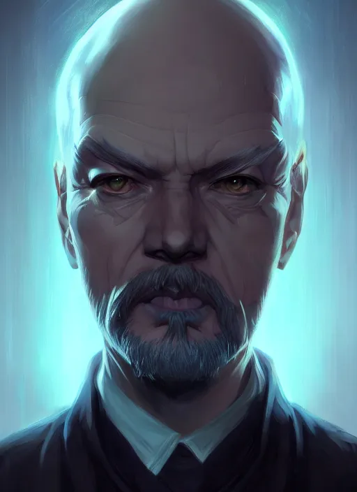 Image similar to « a portrait o cyberpunk vladimir lenin, glowing eyes, a digital painting by charlie bowater, featured on cgsociety, fantasy art, behance hd, wiccan, artstation hd »