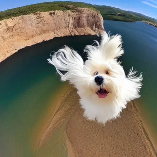 Image similar to a cream-colored havanese bungee jumping, gopro photo, 4k