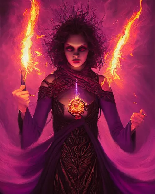 Image similar to pyromancer witch cover in purple flames, deep pyro colors, purple laser lighting, award winning photograph, radiant flares, realism, lens flare, intricate, various refining methods, micro macro autofocus, evil realm magic painting vibes, hyperrealistic painting by michael komarck - daniel dos santos