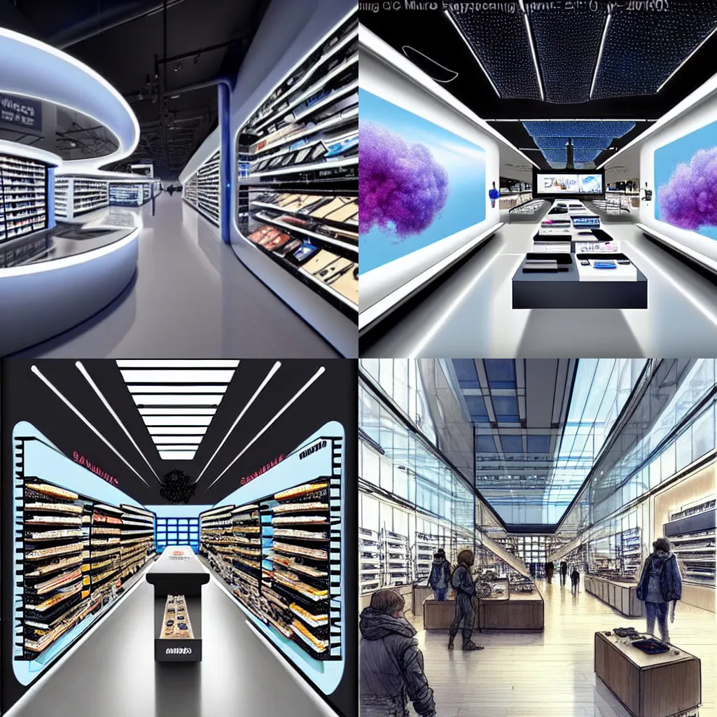 Prompt: 2030s flagship retail interior Samsung Microsoft Apple by Jean-Baptiste Monge !!!!!!!!!!!!!!!!!!!!!!!!!!!