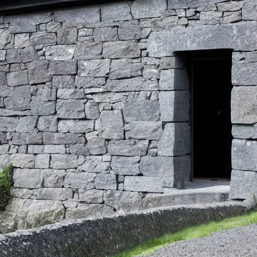 Image similar to scottish dark stone blackhouse designed by le corbusier. fujinon premista 1 9, 4 5 mm