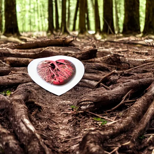 Image similar to photograph of a real human heart sitting on the ground in a forest of dead trees