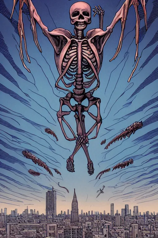 Prompt: comic cover art of a ( very very disturbing ) ( very very huge ) ( skeleton monster ) swimming in the sky above a metropolitan city, viewed from the ground, by jenny frison and sana takeda, intricate details, stunning inking lines, flat colors, 4 k, hd, artstation