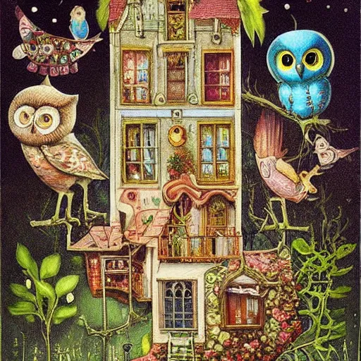 Image similar to a house with a tower, owl, birds, cheese, lowbrow in the style of mark ryden and daniel merriam,