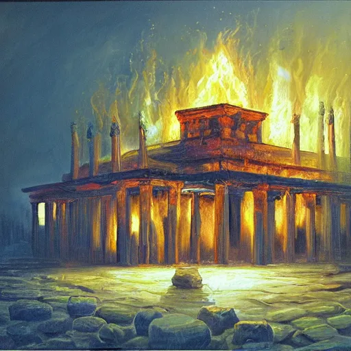 Image similar to a beautiful, detailed, and realistic oil painting of the Temple of Solomon in flames