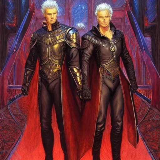 Prompt: Vergil and Dante standing back to back, art by Donato Giancola and James Gurney, digital art, trending on artstation