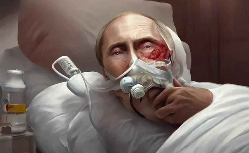 Prompt: hyperrealistic painting of very ill Vladimir Putin as a patient wearing an oxygen mask on a death bed inhaling from Copium tank that stand near his bed, artstation, matte painting, highly detailed, intricate, concept art, game art, octane render, 8k, unreal engine