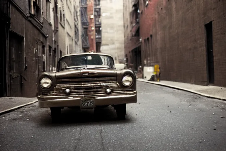 Prompt: street photography by saul leiter, in a narrow new york fancy alley, award winning photo of an ultra detailed intricate dirty vintage ford car speeding very fast on mud, fast shutter speed, motion blur, tiny gaussian blur, highly detailed, highly intricate, depth of field, trending on top gear