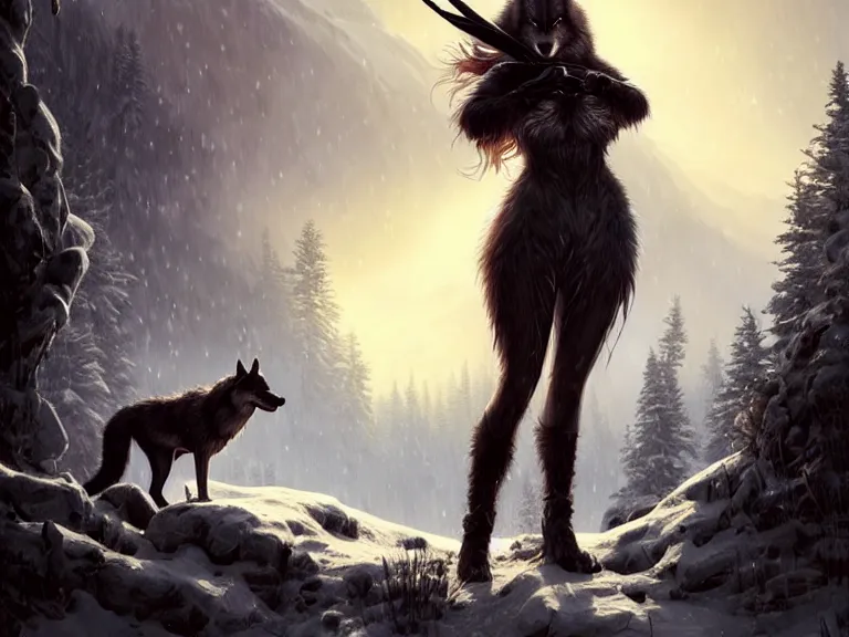 Image similar to a beautiful and aesthetic huntress with big wolf on the winter valley, toward to the camera, hunting the monsters, cynical, dramatic pose, intricate, highly detailed, detailed face, smooth, sharp focus, environmental light, rim light, artgerm, artstation, greg rutkowski, ilya kuvshinov, rossdraws, fantasy illustration