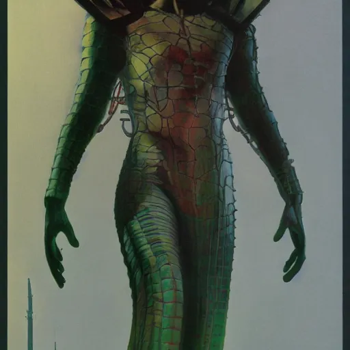 Prompt: full length body portrait of 1 9 6 0 s sci - fi pilot eldrad, vibrant volumetric dark natural light, dark enlightenment, octane render by zdzislaw beksinski, jack kirby, tom lovell, alex malveda, greg staples