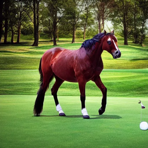 Prompt: realistic photo of a horse that is playing golf alone, with its hands, 4k