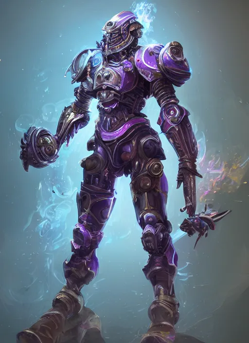 Prompt: a highly detailed illustration of dieselpunk cyber knight with flowing flaming plume with machine gun arms, rigid bulky armor, purple glowing cracks in armor, dramatic standing pose, intricate, elegant, highly detailed, centered, digital painting, artstation, concept art, smooth, sharp focus, league of legends concept art, WLOP