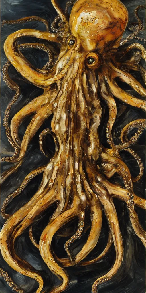 Image similar to high quality high detail painting of an octopus by lucian freud and jenny saville, hd, golden, turquoise