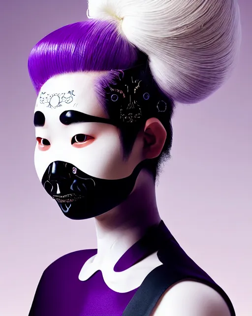 Prompt: symmetrical portrait of an asian woman wearing a silicone embroidered purple beauty mask and white hair buns, wearing a black bodysuit by alexander mcqueen, cream white background, soft light, biotechnology, humanoide robot, bjork aesthetic, translucent, by rineke dijkstra, intricate details, highly detailed, masterpiece,