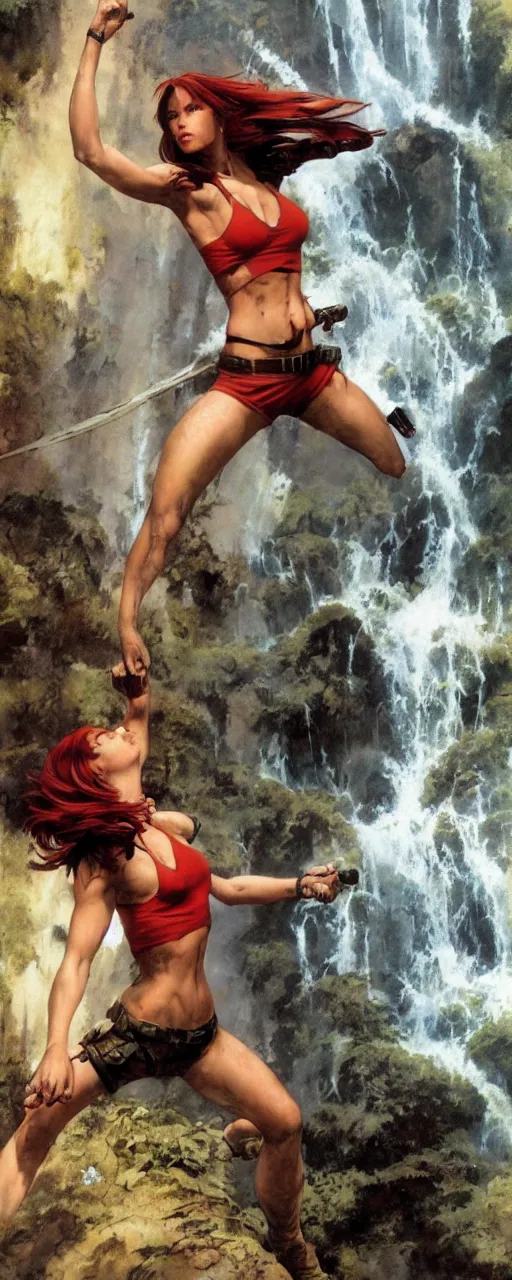 Prompt: tomb raider with red hair in front of a waterfall by frank frazetta and boris vallejo