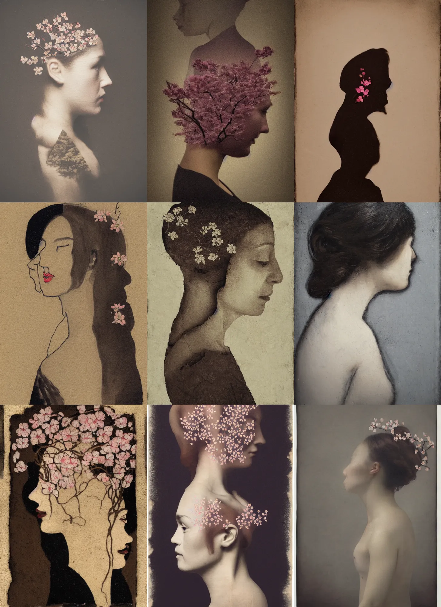 Prompt: a woman's face in profile, made of tree and cherry blossom, in the style of the Dutch masters and Gregory Crewdson, dark and moody