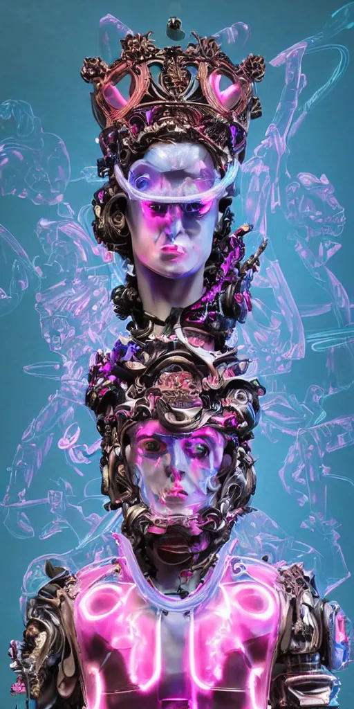 Image similar to full-body baroque and cyberpunk style sculpture of a young seductive Hispanic prince half android with a chest exposing a glowing gemstone battery and a CRT monitor face, glowing pink seductive laser eyes, crown of blue gears and diamonds, swirling salmon-colored silk fabric, robotic raptors dinosaurs. baroque elements. full-length view. intricate artwork by caravaggio. art by Artgerm and Greg Rutkowski and Alphonse Mucha and Tooth Wu and Beeple, Trending on artstation, cinematic industrial lighting, hyper realism, octane render, 8k, depth of field, 3D