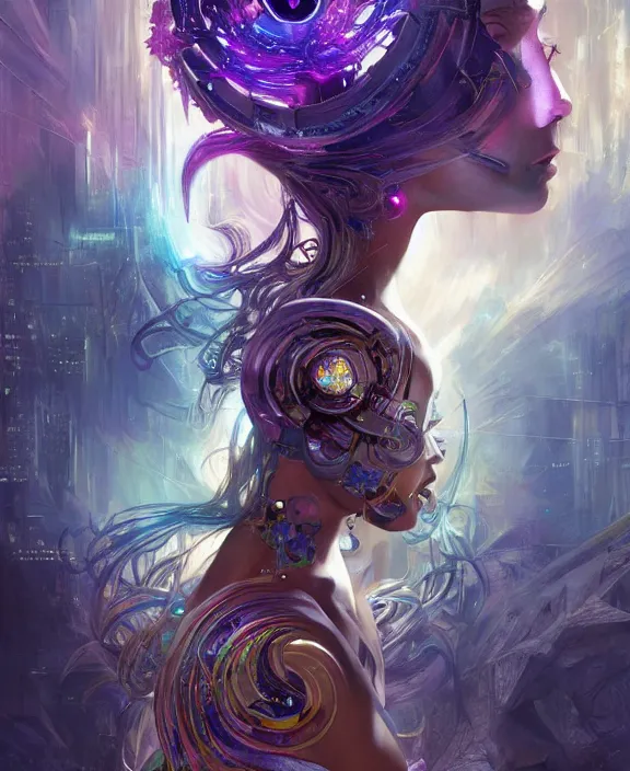 Prompt: a whirlwind of souls rushing inside the metaverse, half body, glowin eyes, tiara with sapphire, pharaoh, android, cyberpunk, d & d, fantasy, intricate, elegant, highly detailed, colorful, vivid color, digital painting, artstation, concept art, art by artgerm and greg rutkowski and alphonse mucha and ruan jia