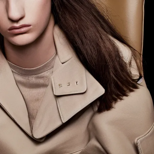 Image similar to close up of face of female fashion model, sitting on chair, beige colors, official jil sander and valentino editorial, highly detailed