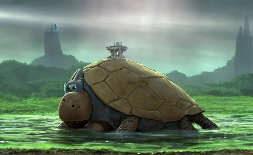 Image similar to a hyperrealist cell - shaded cartoon movie still from howl's moving castle ( 2 0 0 4 ) of a giant lovecraftian mechanized turtle in a flooded stonehenge. a rainforest is in the background with shafts of sunlight from above. very dull muted colors, hd, 4 k, hq