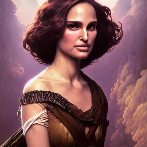 Image similar to an art nouveau portrait of natalie portman in dramatic lighting, depth of field background, artstation, award - winning realistic sci - fi concept art by jim burns and greg rutkowski, beksinski, a realism masterpiece, alphonse mucha,