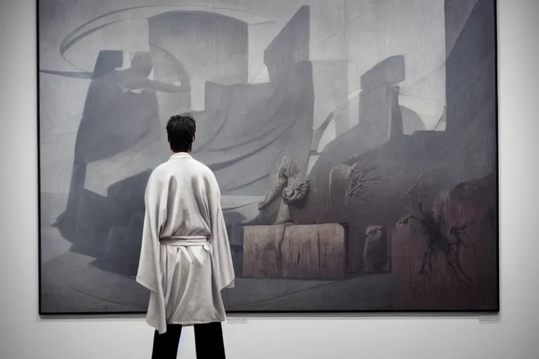 Prompt: back view of a man wearing ancient robe standing in front of the painting in the modern art gallery, retrofuturism, symmetry, goldenratio, highly detailed, high sharpness, by david lynch and beksinski and rutkowski