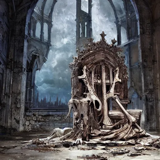 Image similar to Skeleton King wearing ragged clothes resting on a throne inside a ruined cathedral, oil painting, by Fernanda Suarez and Greg Rutkowski