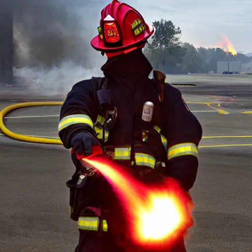 Image similar to photo of a firefighter using a flamethrower projecting a long bright flame. award-winning, highly-detailed