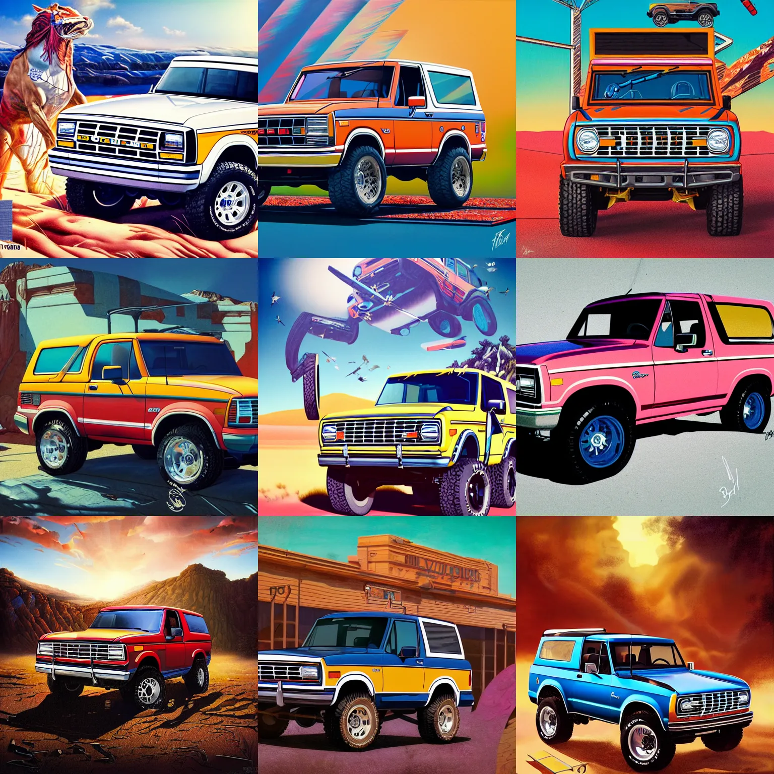 Prompt: illustration of a 1990 ford bronco by Tristan Eaton, Stanley Artgerm, Tom Bagshaw, bright colors, direct sunlight, harsh shadows, 8k high definition