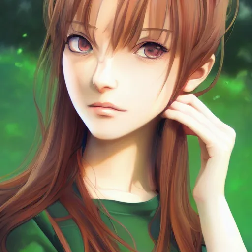 Image similar to a portrait of a pretty anime girl, brown hair, green eyes, by Ilya Kuvshinov