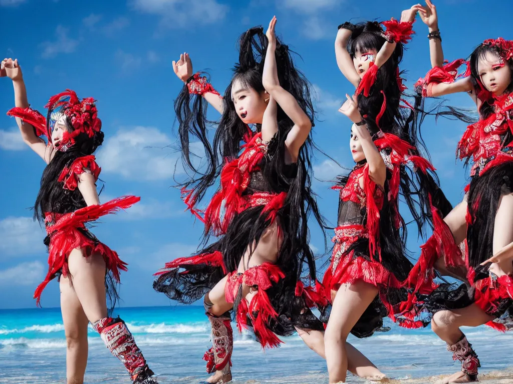 Image similar to babymetal 3 beautiful members performing on a tropical beach, beautiful scenery, highly detail face, dynamic pose, High Definition detail, 8K, photography