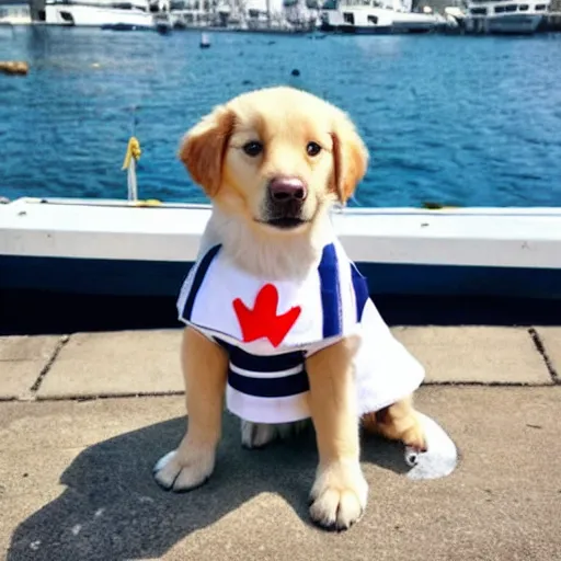 Prompt: a cute puppy wearing a sailor uniform